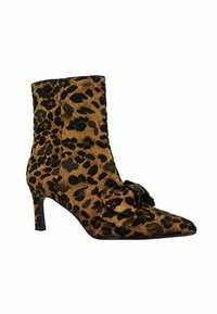 Bottines à imprimé léopard en marron et noir, en tissu doux, avec un bout pointu et un nœud décoratif noir sur le côté.