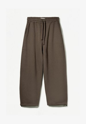 Brown, wide-leg sweatpants with an elastic waistband and drawstring. Side pockets and cuffs with zippers at the ankles. Soft, breathable fabric.