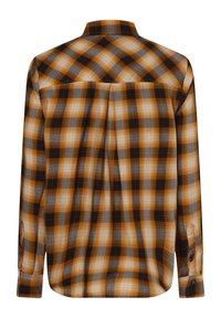Camisa de manga larga de cuadros con una mezcla de colores naranja, negro y gris. Está hecha de una tela tejida con detalles de puños abotonados.