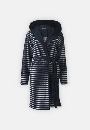 Roupa de banho às riscas com um padrão azul marinho e branco, feita de tecido suave. Apresenta capuz, mangas longas e cinto atado na cintura.