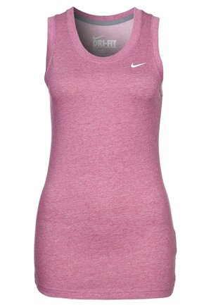 Débardeur de sport pour femme sans manches en rose chiné avec logo Nike Swoosh sur la partie haute gauche de la poitrine et marquage Dri-FIT à l'intérieur du col.