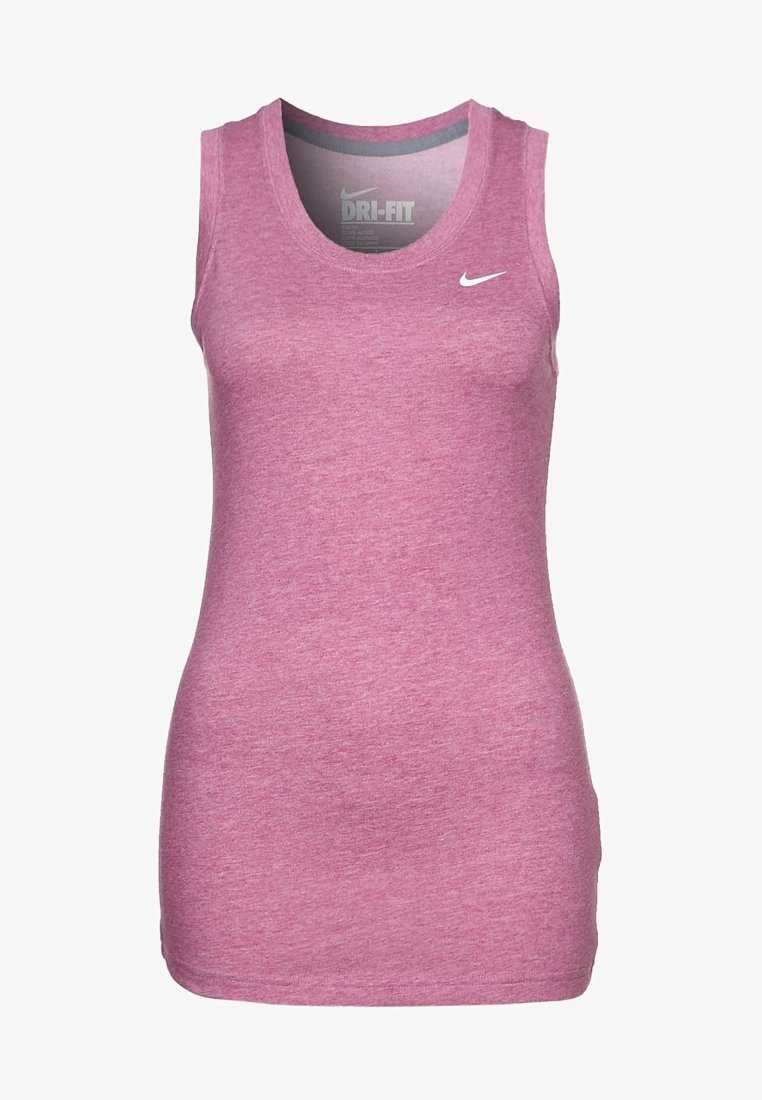 Débardeur de sport pour femme sans manches en rose chiné avec logo Nike Swoosh sur la partie haute gauche de la poitrine et marquage Dri-FIT à l'intérieur du col.