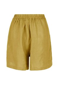 Shorts in lino color giallo senape con vita elasticizzata, vestibilità ampia e texture liscia, privi di modelli o accessori.
