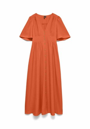 Robe midi orange rouille avec boutons sur le devant, manches courtes évasées, encolure en V et taille cintrée sur fond blanc.
