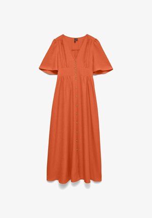 Robe midi orange rouille avec boutons sur le devant, manches courtes évasées, encolure en V et taille cintrée sur fond blanc.