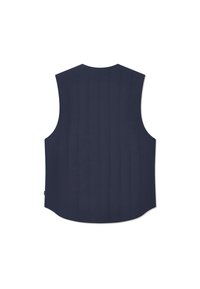 Navy blue sleeveless vest with vertical stitching, a rounded neckline, and a curved hemline; made from smooth, textured fabric.