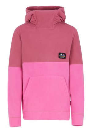 Fleece hoodie in roze en lichtroze met een kangoeroe zak, hoge kraag met gerimpeld detail en een logo patch op de borst.