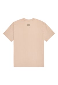 Short-sleeve, light beige t-shirt made of cotton, featuring a small logo in black on the upper back near the neckline.