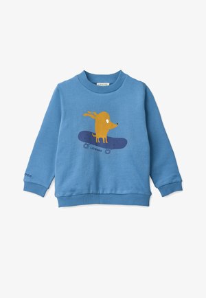 Niebieska bluza z miękkiego materiału. Posiada żółty nadruk psa na desce do skateboardu. Żebrowane mankiety i dół bez dodatkowych wzorów.