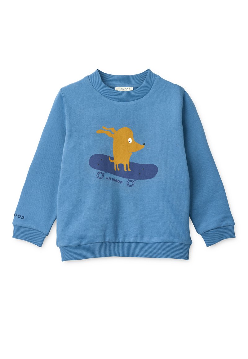 Modra dukserica iz mehkega materiala. Ima grafiko rumenega psa na rolki. Rebrasti manšeti in rob brez dodatnih vzorcev.