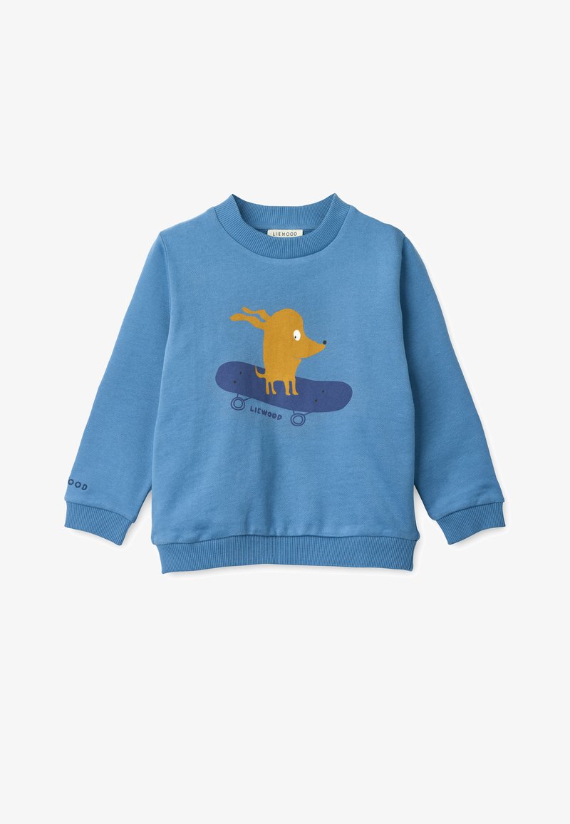 Modra dukserica iz mehkega materiala. Ima grafiko rumenega psa na rolki. Rebrasti manšeti in rob brez dodatnih vzorcev.