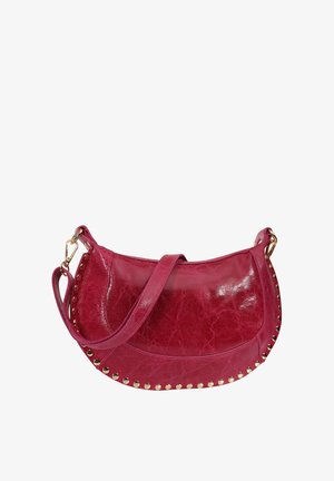 Red leather shoulder bag with gold studs along the bottom edge and a matching shoulder strap with gold clasps.