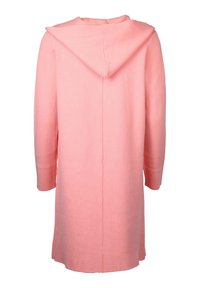 Rosa Kapuzenpullover-Mantel mit langen Ärmeln, strukturiertem Stoff, gerader Silhouette und Rückennahtdetails, der bis zur Mitte des Oberschenkels reicht.