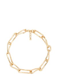 Collana in oro con grandi link testurizzati e finitura martellata. Include un gancio a cerniera e una catena di lunghezza regolabile.