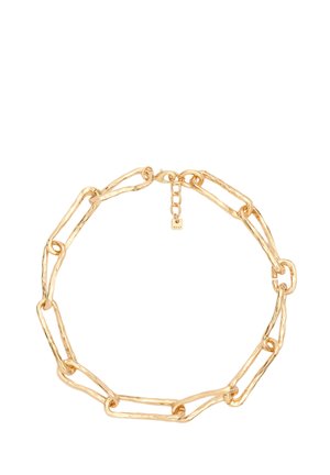 Collana in oro con grandi link testurizzati e finitura martellata. Include un gancio a cerniera e una catena di lunghezza regolabile.