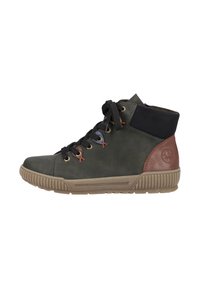 Sneaker mi-haut en cuir vert foncé avec des accents noirs, semelle en caoutchouc, lacets colorés, et une embase en cuir texturé marron.
