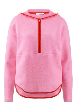 Fleecepullover in felroze met een oranje rits en afwerking. Beschikt over een capuchon en een licht gebogen zoom. Textuurstof.