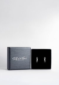 Silberne Kettenohrringe, die in einer mit schwarzem Samt ausgekleideten Box präsentiert werden. Die Box ist mattschwarz mit einer strukturierten Oberfläche und einem weißen Logo auf der Vorderseite.