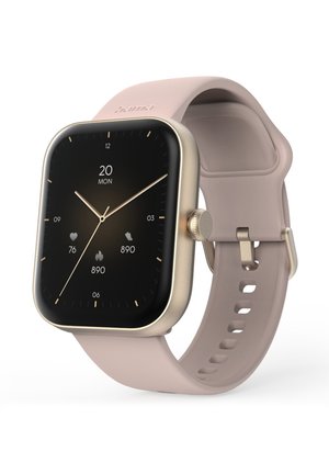 Smartwatch with a gold frame and light pink silicone strap, showing time, date, heart rate, steps, and calories burned on black screen.