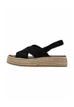 Black espadrille sandals with a crisscross design, elastic back strap, and jute-wrapped platform sole. Smooth texture with rubber outsole.