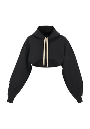 Schwarze geschnittene Kapuzenjacke aus weichem Stoff, mit weitem Schnitt, überschnittenen Schultern, einem Front-Ausschnitt und hellen Kordeln.