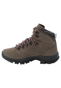Braunwanderschuh mit strukturiertem Synthetik-Obermaterial, schwarzer Gummisohle und mehrfarbigen Schnürsenkeln. Verfügt über hohen Knöchelstütze und starkes Profil.