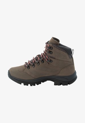 Braunwanderschuh mit strukturiertem Synthetik-Obermaterial, schwarzer Gummisohle und mehrfarbigen Schnürsenkeln. Verfügt über hohen Knöchelstütze und starkes Profil.