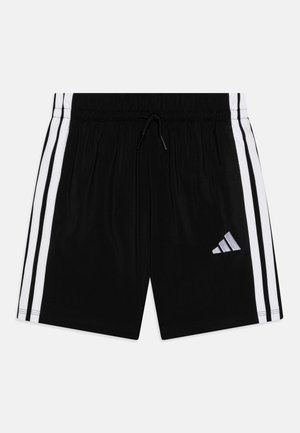 Calções desportivos pretos com um cós elástico, riscas laterais brancas e um logo prateado na parte inferior esquerda. Tecido suave, corte descontraído.