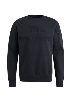 Dark navy sweatshirt made of cotton, featuring a round neck, long sleeves, and a front pocket with embossed text and design accents.