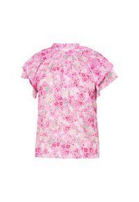 Blomstret bluse med pink og grå mønstre, korte flæseærmer, en mandarin krave og en knaplukning fortil.