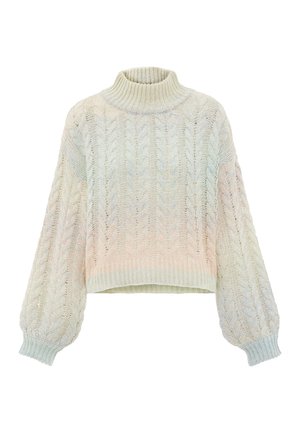 Häkelter Pullover in Pastellfarben, mit einem hohen Kragen, Ballonärmeln, gerippten Bündchen und einem cropped Schnitt. Strukturierter Zopfmusterstrick.
