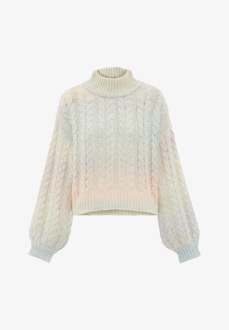 Pasztell színekben horgolt pulóver, magas gallérral, ballon ujjakkal, bordás mandzsettával és cropped fazonnal. Texturált fonott mintával.