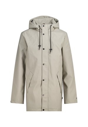 Beige waterproof jacket with a hood, featuring a straight cut, snap buttons, two side pockets, and adjustable drawstrings.