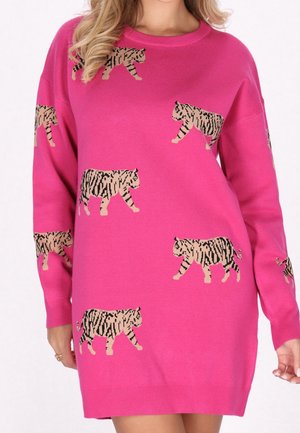 Long-sleeve pink sweater dress with multiple beige and black striped tiger motifs walking in different directions.