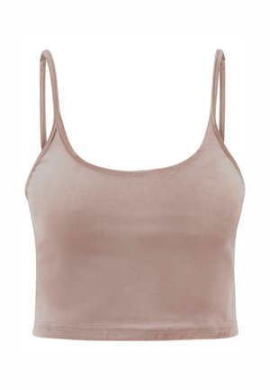 Lichtroze cropped tanktop van zacht, fluwelen stof. Voorzien van dunne, verstelbare bandjes en een ronde halslijn. Gladde textuur over de hele stof.