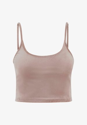 Pasztell rózsaszín, rövidített ujjú felső, puha, bársonyos anyagból. Vékony, állítható pántokkal és kerek nyakkivágással rendelkezik. Az anyag sima textúrájú.