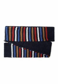 Bandeau en tricot avec un fond bleu marine présentant des rayures multicolores en rouge, marron, bleu et blanc. Finition texturée, tissu doux.