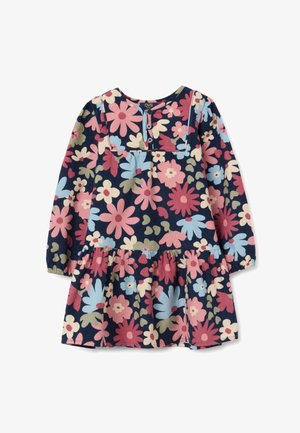 Robe à manches longues florale marine, ornée de fleurs roses, bleues et vertes, avec un décolleté carré et une jupe à plusieurs étages dotée de détails en boutons.