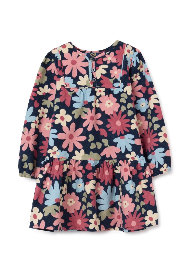 Blumenmuster-Midi-Kleid mit langen Ärmeln in Marineblau, mit rosa, blauen und grünen Blumen, quadratischem Ausschnitt und mehrlagigem Rock mit Knopfdetails.