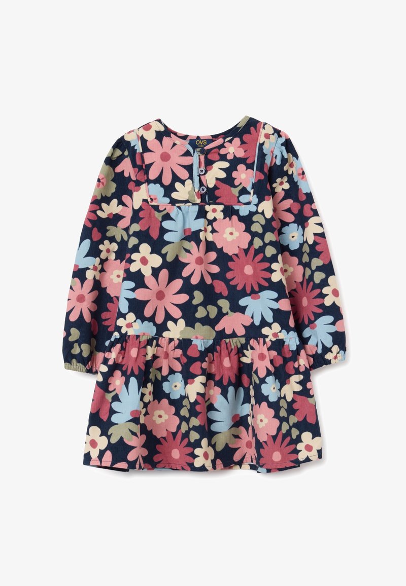 Blumenmuster-Midi-Kleid mit langen Ärmeln in Marineblau, mit rosa, blauen und grünen Blumen, quadratischem Ausschnitt und mehrlagigem Rock mit Knopfdetails.