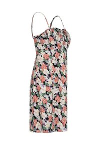 Kwiatowa sukienka na cienkich ramiączkach, z czarnym tłem i wielokolorowymi kwiatami w odcieniach różowym, białym i zielonym. Lekki materiał, dopasowany top.