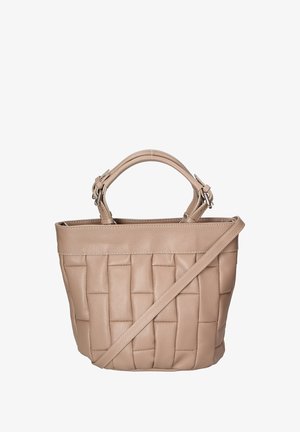 Beige leren emmer tas met een geweven textuur, dubbele handgrepen en een afneembare schouderband. Beschikt over een gladde afwerking en een gestructureerde vorm.