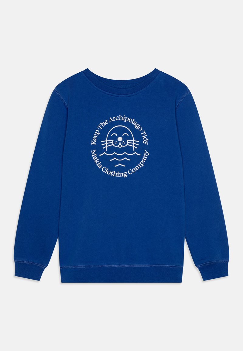 Felpa blu con una grafica rotonda che ritrae un'otaria e il testo "Mantieni l'Arcipelago Pulito" in bianco. Design a maniche lunghe e collo rotondo.