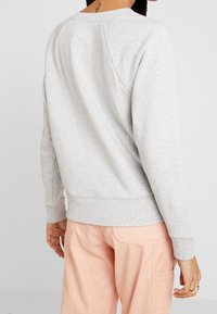 Felpa grigia con una texture liscia, colletto a girocollo e polsini a coste. Abbinata a pantaloni cargo rosa chiaro, vista da dietro.