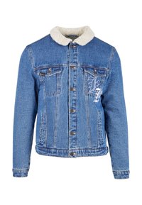 Denim jakna s sherpa ovratnikom, modra barva, dve žepni na prsih, sprednji gumbi in vezenina na spodnjem levem delu.