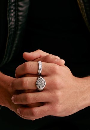 Zwei ineinandergreifende Hände, die zwei Silberringe tragen: ein Ring mit eingravierten Buchstaben und ein größerer Ring mit dem Harley-Davidson-Logo.