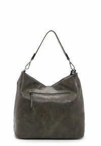 Borsa hobo in finta pelle grigia con tasca frontale con zip, texture morbida, apertura superiore inclinata e tracolla singola con dettagli in metallo.