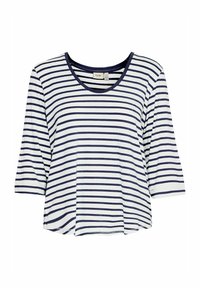 Marineblauw en witte gestreepte t-shirt met een ronde halslijn en driekwartmouwen, gemaakt van een zacht, lichtgewicht materiaal.