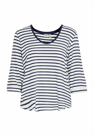 T-shirt a righe blu navy e bianche con scollatura rotonda e maniche a tre quarti, realizzato in un tessuto morbido e leggero.