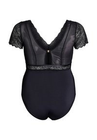 Black bodysuit with lace short sleeves, V-neckline, and a decorative lace waistband. Smooth fabric with a fitted silhouette and back closure.